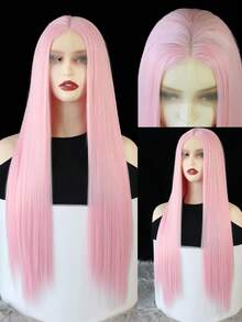 粉色直发合成蕾丝假发，中分直发粉色假发，自然发际线，耐热纤维蕾丝假发，女士角色扮演服饰 - 彩色 - 查看 2