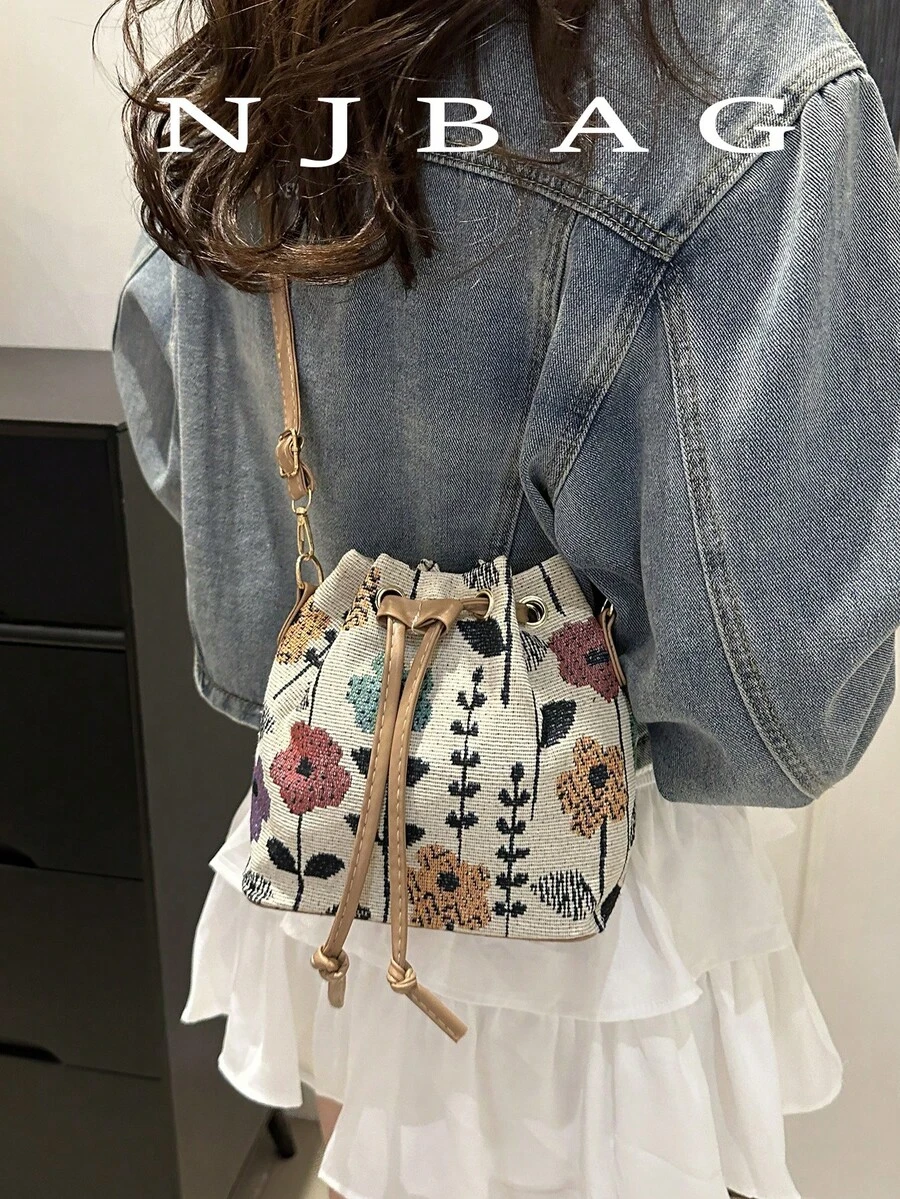 Mini Floral Drawstring Bucket Bag, Versatile Shoulder/Crossbody/Backpack Bag For Party & Casual Wear