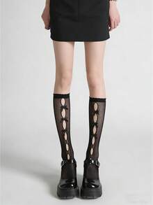 1双洛丽塔黑白过膝袜，蝴蝶结镂空设计，可爱法式女仆风腿套 - 彩色 - 查看 7