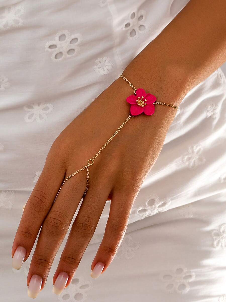 1 chiếc vòng đeo tay hình hoa tráng men thời trang, phụ kiện cho trang phục đi nghỉ mát của nữ. - Màu Hồng Tươi - Xem 1