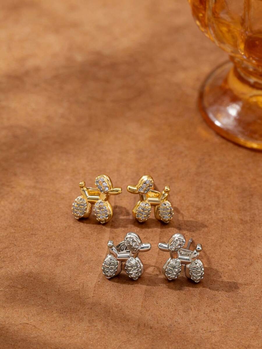 2只装时尚简约小耳钉，可爱气球狗微镶锆石卡通耳钉，韩版ins风新款气球狗耳环，百搭女士耳环 - 氣球狗耳環 - 查看 1