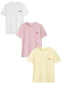 Bộ 3 áo thun ngắn tay cổ tròn in họa tiết phong cảnh tối giản mùa hè mới, kiểu dáng thời trang và đa năng dành cho nữ. - Vàng, hồng và trắng - Xem 4