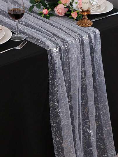 2m/3 Meters/4m Elegant Gold Table Runner, Chiffon Mesh Gold Sequins Metallic Foil Decor, Romantic Boho Style, Suitable For Wedding, Valentine's Day, Birthday Party, Baby Shower, Bridal Shower, New Year Tablecloth