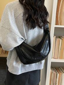 1pc Solid Color PU Crescent Shoulder Bag, Large Capacity, Fashionable For Adult Women, Suitable For Outings And Shopping - Black - View 5