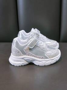 1 Pair Children's Sneakers, 2026 New Soft Sole Non-Slip Hook And Loop Small White Shoes, Boys/Girls Daily School Campus Running Casual Shoes - Silver - View 2
