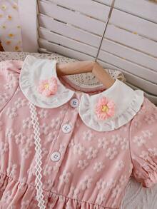 女童春夏提花布娃娃领3D立体花朵优雅可爱连衣裙，配爱心斜挎包 - 粉色 - 查看 3