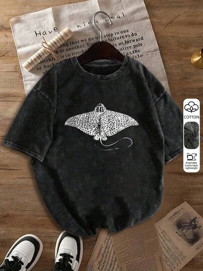 Women's Manta Ray Print Fitted Y2K Style Short Sleeve Round Neck T-Shirt, Suitable For Summer Beach Vacation