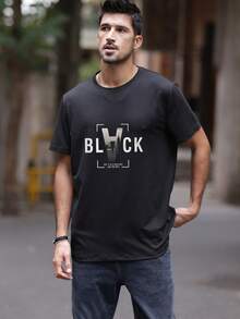 Men's Relaxed Fit Edgy Urban Street T-Shirt With "BLACK" Graphic City Letter Print - 黑色 - 查看 2