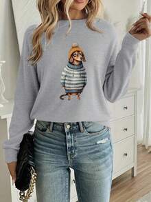 Damen Lässig Warm T-Shirt, Dackel Muster, Herbst/Winter - Hellgrau - Übersicht 4