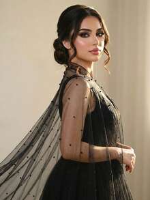 黑色串珠新娘披肩斗篷珍珠婚礼披肩斗篷新娘披肩串珠上衣婚礼披肩配饰 - 黑色 - 查看 4