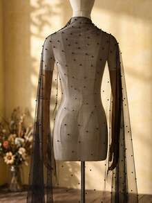 黑色串珠新娘披肩斗篷珍珠婚礼披肩斗篷新娘披肩串珠上衣婚礼披肩配饰 - 黑色 - 查看 7