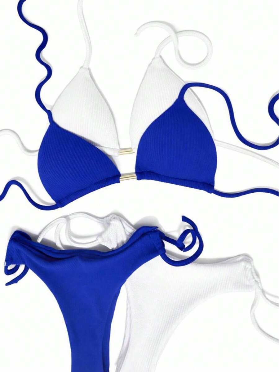 Set Of 2 Triangle Bikini Tops With Padded Cups And Double String Semi-Thong With Knot Detail For Beach And Vacation - 白色和藍色 - 查看 1
