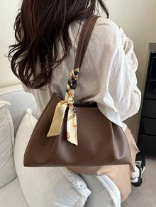 2026 Spring New Arrival High-End Fashion Pleated Large Capacity Tote Bag With Scarf, Luxury Versatile Shoulder Handbag - Coffee Brown - View 6