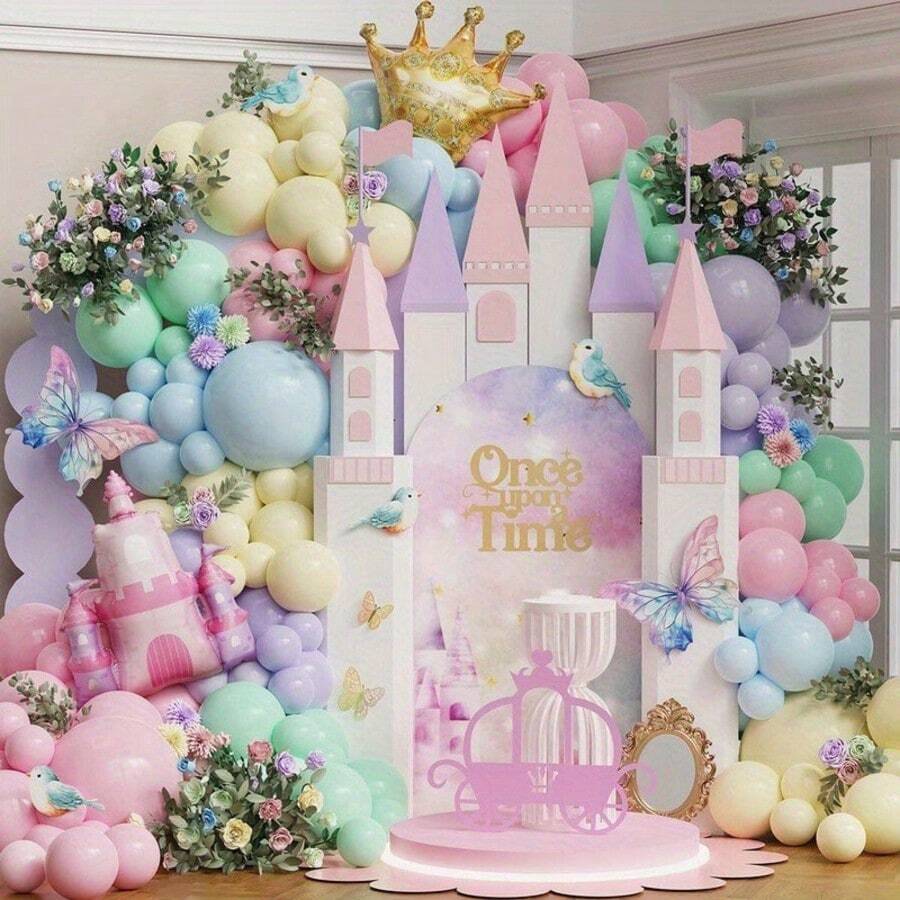 Suministros de decoración para fiesta de cumpleaños con tema de castillo de princesa - 133 sets de y guirnaldas de globos de macaron suaves (globos de lámina de castillo corona) - Adecuado para bautizos de bebés, revelaciones de género, sets de de globos de cuentos de hadas, decoraciones de fiesta de princesa, letreros de bendiciones de cumpleaños, decoraciones de fiesta de cumpleaños y suministros de decoración de globos de fiesta de cumpleaños - Ver 1