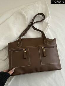 Solid Color New Retro Commuting Large Capacity Practical Handbag, Classic Versatile And Elegant Multi Pocket Zipper Design Women's Shoulder Bag, Suitable For Shopping, Wallets, Shopping, Young Women, College Students, Newcomers And White-Collar Workers. They Are Very Suitable For Offices, Universities, Work, Business, Commuting, Outdoor Activities, Travel, And Outings - Coffee - View 2