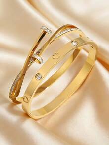 1pc/2pcs Elegant Stainless Steel Heart-Shaped Bracelet, Waterproof & Fade-Resistant, Suitable For Women, Daily Wear, Valentine's Day Gift, Wedding, Wrist Stacking Jewelry Set, Girls, Ladies, Mothers, Relatives, Friends, Beautiful Wedding, Birthday, Mother's Day - Yellow Gold - View 5