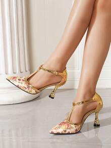 女士优雅金色酒杯高跟鞋，PU皮鞋面，中国风花卉印花，尖头细跟，T字带镂空设计，秋冬款 - 金色 - 查看 1