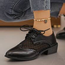 Women's Summer New Thick Heel Mesh Patchwork Versatile Retro Hollow Lace-Up Shoes - Black - View 7