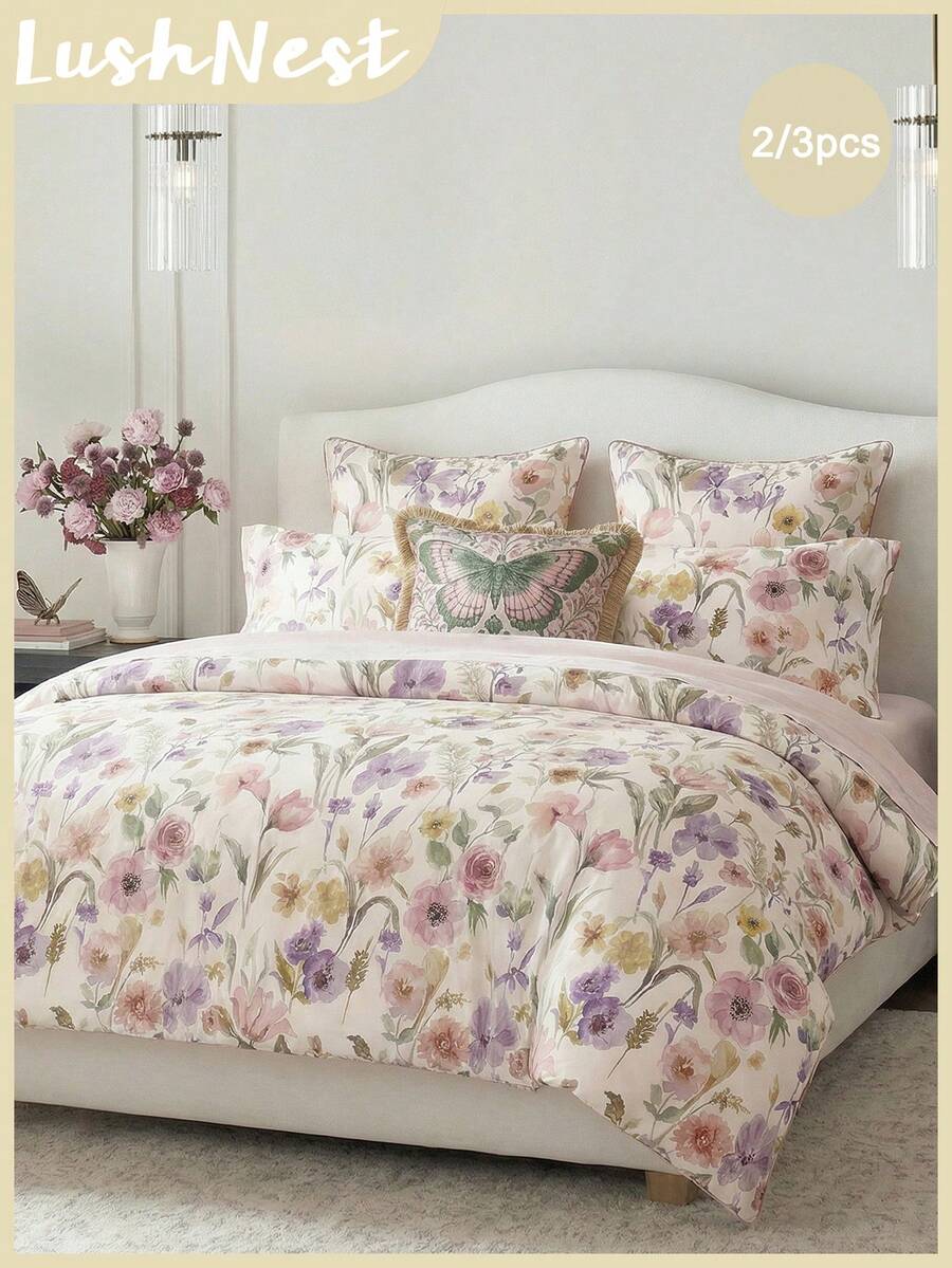 2件/3件套水彩花卉数码印花被套套装（1个被套+2个枕套，不含被芯），适合房间装饰和日常使用，采用聚酯纤维制成，柔软亲肤，适用于主卧、客房、次卧，四季皆宜，时尚印花，套装组合，卧室升级，家居翻新，设计感十足。