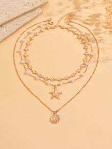 3pcs/Set Summer Bohemian Ocean Style Handmade Alloy Shell Necklace, Minimalist Faux Pearl Choker With Gold Starfish & Shell Pendant, Suitable For Beach Vacation, Daily Wear, Party, Dinner - Multicolor - View 2