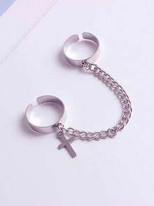 可调节十字链组合戒指套装，朋克风格一体式戒指，百搭时尚饰品，男女皆宜 - 彩色 - 查看 4