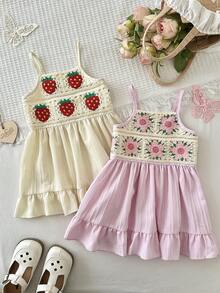 2pcs Girls' Spaghetti Strap Dress Set, Handmade Crochet Patchwork With Natural Vertical Striped Fabric, A-Line Skirt With Ruffle Hem, Lightweight And Breezy, Delicate And Sweet Style Suitable For Girls On Vacation Or Daily Wear - Multicolor - View 4