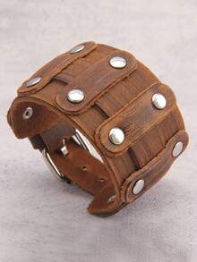 1件男女通用朋克摇滚皮革手链，个性化双刀帽骷髅铆钉合金手链，音乐节摇滚派对礼物 - 鉚釘 - 查看 15