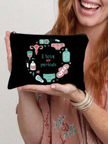 "Period Essentials"Storage Bag,Sanitary Pad Pattern Makeup Pouch, Travel Toiletry Bag, Multi-Purpose Organizer, DIY Categorized Storage, Women's Menstrual Care Gift, Single-Sided Print Design, Ideal For Pa, Travel - Black - View 13