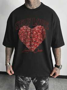 Fractyr Camiseta de manga corta de cuello redondo con estampado 3D de corazón y letra, de moda casual y urbana para hombre, verano - Negro - Ver 2