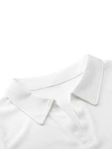 Women's Casual Short Sleeve White Polo Shirt, Asymmetric Hem, High Stretch Fabric, Fitted Sexy Style Crop Top, Suitable For Leisure & Daily Wear Summer - White - View 9