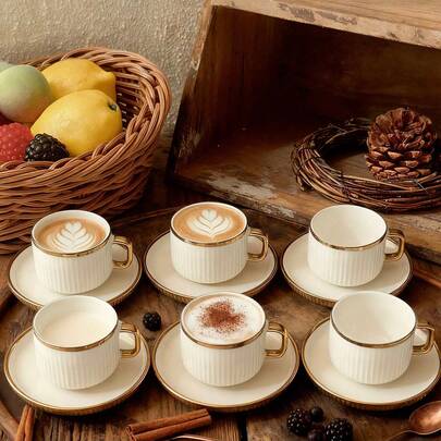 1/6 Set Gold Rim Embossed Ceramic Coffee Cup (Cup + Saucer) Luxury Coffee Cup & Saucer Set/Mug, High-End Exquisite Tableware, Ideal For Afternoon Tea. This Elegant Coffee Cup Is Perfect For Serving Cappuccino.