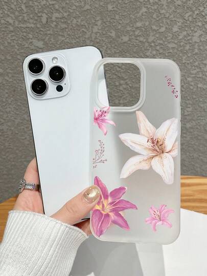 1pc Lily Flower Print Matte Semi-Transparent TPU Shockproof Phone Case, Pink & White Floral Print Phone Case, Flower Phone Case, Spring Floral Design, Compatible With IPhone & Galaxy