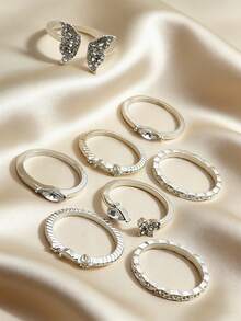 波西米亚复古全钻叠戴戒指套装，女士珠宝，订婚、结婚和情人节礼物 - 蝴蝶型 - 查看 5