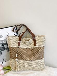 Straw Woven Bag, Vacation Beach Bag, Large Capacity Woven Tote, Shoulder Handbag With Pendant - Beige - View 7