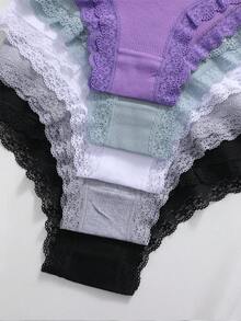 5件套女士蕾丝拼接舒适透气蝴蝶结装饰内裤套装，柔软弹力休闲内衣 - 彩色 - 查看 5