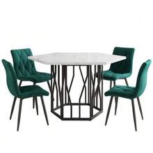 Dining Table And Chair Set (5-Piece Set), Modern Hexagonal Marble Dining Table + 4 Dining Chairs In Green Velvet To Create A Warm And Modern Restaurant - Dark Green - View 4