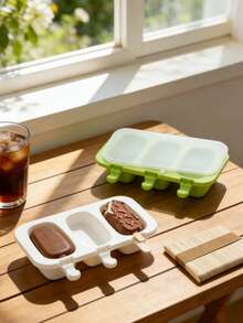 1pc 3-Cavity Oval Silicone Ice Pop Mold, DIY Ice Cream Popsicle Maker, Comes With Lid And 50pcs Wooden Sticks - Multicolor - View 3