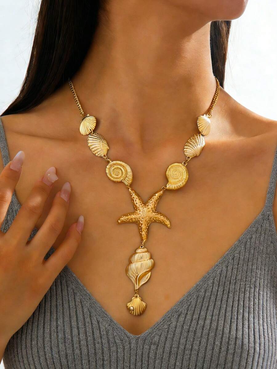 1pc Ocean-Inspired Gold Starfish & Faux Pearl Shell Pendant Necklace, Bohemian Beach Jewelry Suitable For Women, Summer Vacation, Weddings, Parties, And Daily Wear - Gold - View 1
