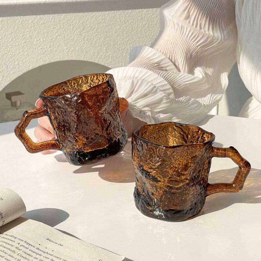 2pcs Amber Handle Glacier Glass Cup, High-End Milky Way Milk Coffee Water Mug For Home Use