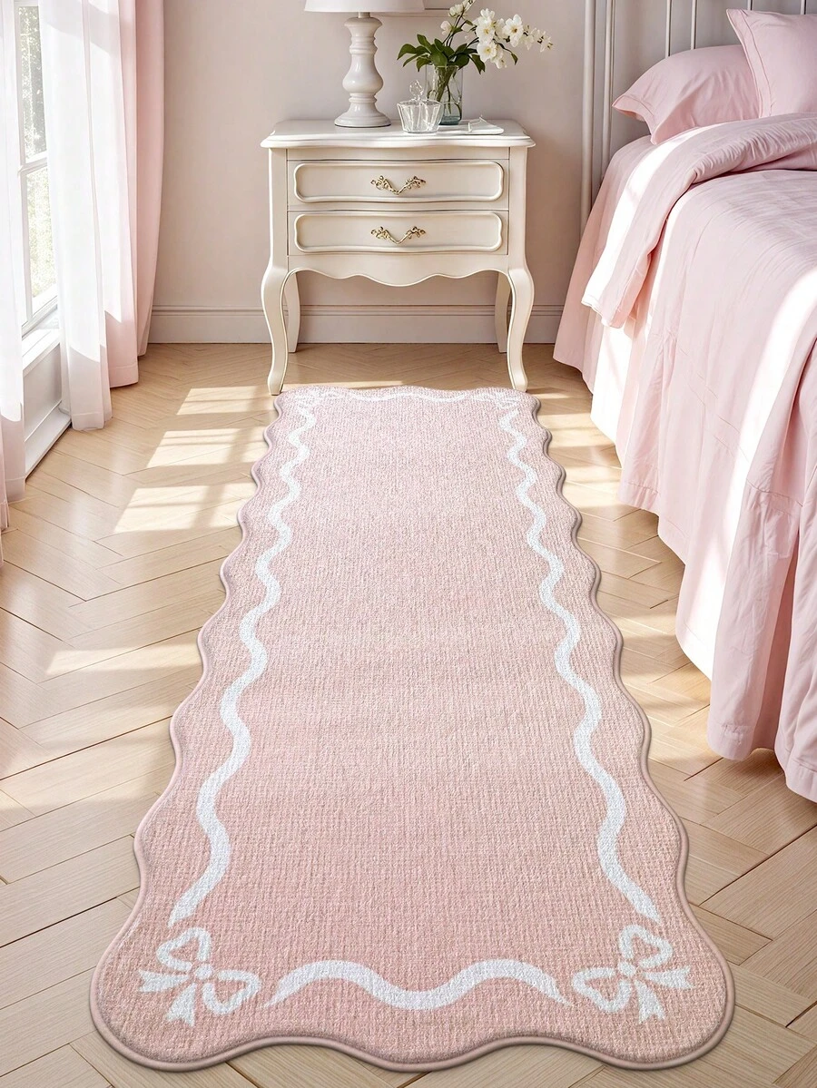 1pc Pink Bow Wave Pattern Bedroom Carpet, Fresh And Cute Style Long Kitchen Mat Suitable For Bathroom, Kitchen, Outdoor, Indoor, Hallway, Bedroom, Living Room, Doorway, Machine Washable Kitchen Rug, Easy To Clean Doormat - Multicolor - View 1