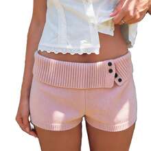 Women's Fold Over Waist Knitted Shorts Y2k Low Waist Striped Print Color Block Slim Fit Hot Pants Party Clubwear Going Out Sweater Shorts Loungewear Bottoms Stretchy Yoga Shorts Summer Casual Active Jogger Sweatshorts - 珊瑚粉 - 查看 4