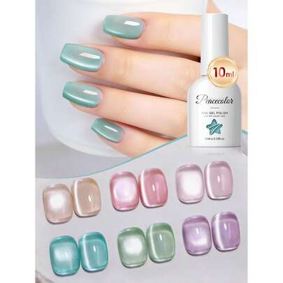  PEACECOLOR 1 Bottle 10ml Glass Bottle Cat Eye Gel Nail Polish, Spring/Summer Transparent Cat Eye Gel In Pink, Purple, Green, Blue, Holographic Colors, Long-Lasting Durable Women DIY Manicure Gift