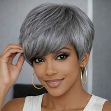 100%真人发假发 - 自然逼真，无需胶水，玫瑰网帽，150%密度分层直发精灵短发，带刘海，适合日常、角色扮演、派对、节日等场合，优雅女士假发 - SGray - 查看 8