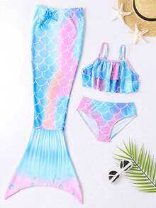 Children Girls Tankini Swimsuit 3 Piece Mermaid Bathing Suit Kids Ruffle Top With Shorts Fish Tail Bikini Set Swimwear 1-14Y - A - 查看 2