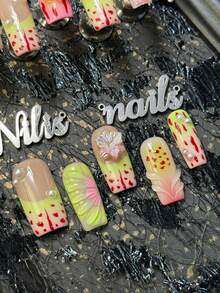 10pcs Handmade Fully Covered Square Nails Press On Nails, Green Nails, 3D Butterfly& Flower& Pearl& Gradient Decor, Detachable And Reusabl, Y2K Sweet Cute Style False Nails, Suitable For Party, Daily Wear, Cosplay, With Jelly Glue And Nail File - Green - View 5