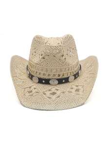 1pc Western Cowboy Hat, Hollow Floral Woven Straw Hat, Spring/Summer Travel Sun Protection Beach Hat, Casual Sun Hat (After Receiving The Product, If The Brim Is Deformed, It Needs To Be Manually Adjusted Back),Holiday,Festival - MZ3056+ML02 - View 9