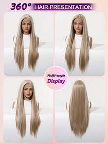 30" 13x4 Glueless Lace Front Wig, Long Ash Blonde With Highlights Long Straight Synthetic Wigs For Women, Heat Resistant Fiber For Daily Wear - 金色 - 查看 9