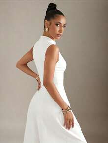 Chic White Sleeveless Jumpsuit For Women, Zipper Front High Waist Flared Leg Long Romper - White - View 4