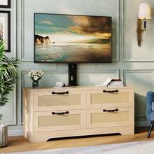 Viel Stauraum & Landhausstil – TV Lowboard mit Halterung für Fernseher bis 70 Zoll – 4 Schubladen, Rattan-Türen, Holz-Kommode – Medienkonsole & Aufbewahrung für Schlafzimmer oder Wohnzimmer - NATÜRLICH - Übersicht 1