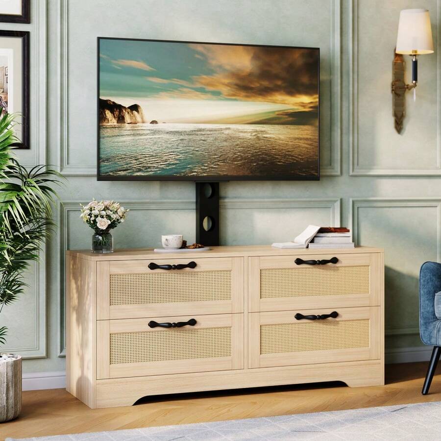 Viel Stauraum & Landhausstil – TV Lowboard mit Halterung für Fernseher bis 70 Zoll – 4 Schubladen, Rattan-Türen, Holz-Kommode – Medienkonsole & Aufbewahrung für Schlafzimmer oder Wohnzimmer - NATÜRLICH - Übersicht 1